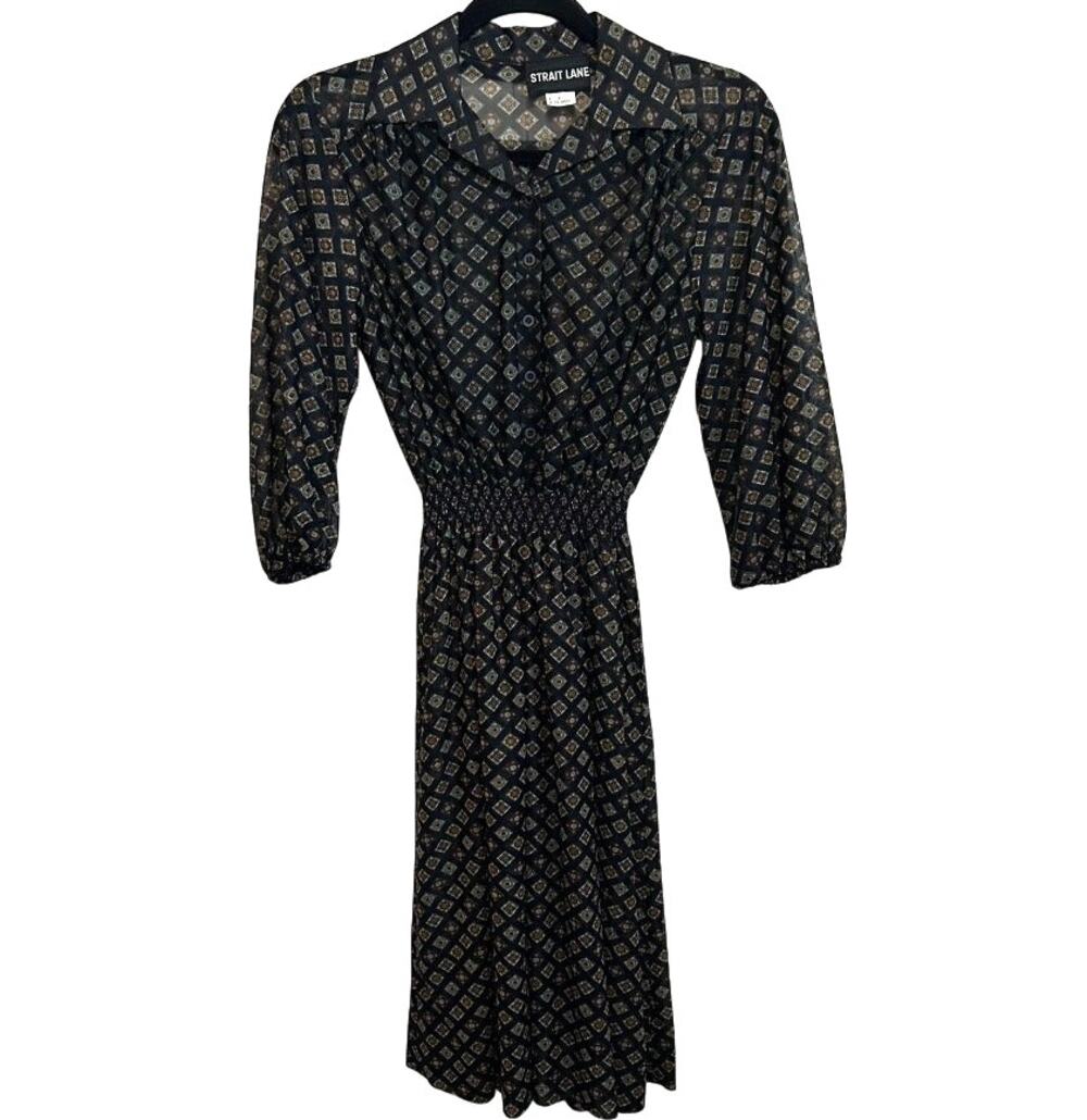 Strait Lane 70s Sheer Geometric Medallion Print Midi Dress Navy Poly Vintage S